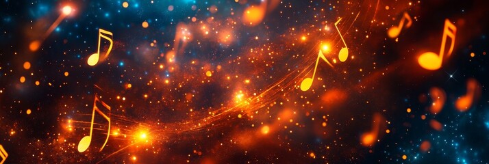 An abstract depiction of musical notes swirling in a vibrant, cosmic background. The image represents the power of music, its ability to transport us to other worlds, and its universal language.