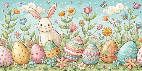 hand drawn easter card design with pastel colors and whimsical illustration
