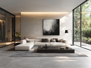 Modern Minimalist Living Room White Sofa Concrete Wall Abstract Painting Natural Light Grey Tile Floor