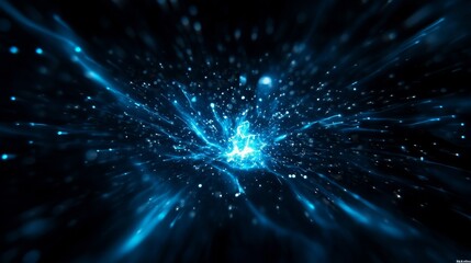An abstract digital artwork featuring a blue light burst emanating from the center of the image, surrounded by swirling lines of light and a scattering of small, glowing particles. This artwork symbol