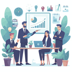 Partners meeting for business discussion with documents and laptop on desk. Couple at round table, speaking, discussing work, partnership. Flat vector illustration isolated on white background