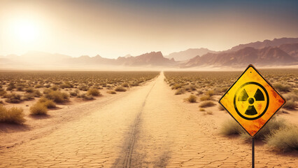 Road in the desert with a radioactive danger sign