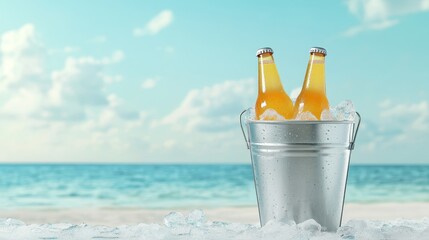 Two bottles of beer in a silver metal bucket filled with ice cubes on a beach with a blue ocean and sky in the background. The image symbolizes relaxation, refreshment, summer, and vacation.