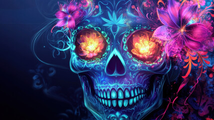 Fototapeta premium Vibrant and colorful sugar skull artwork with floral embellishments, symbolizing the Day of the Dead. Detailed neon skull illustration.