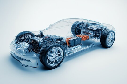 A dynamic 3D of a modern electric car with semi transparent features, showing a view of its internal
