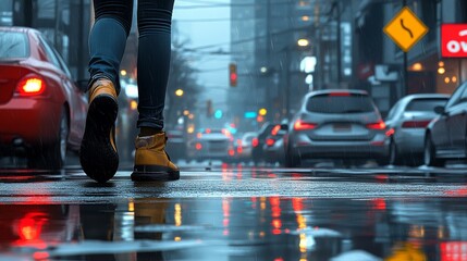 Raindrops create glistening reflections as an individual strolls along a bustling city road