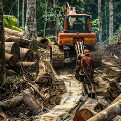 Fototapeta premium Logging Operation in Rainforest with Excavator and Worker