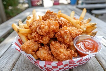 Deep fried clam basket with crispy fries with copyspace, dipping sauces on the side.