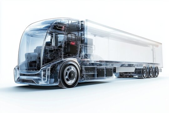 A dynamic 3D of a modern electric freight truck with semi transparent elements in a view, displaying