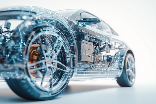 A dynamic 3D of a modern electric car with semi transparent features, showing a view of its internal