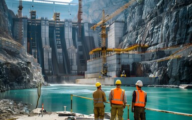 Construction workers oversee a large dam project, with machinery and water in the foreground, showcasing engineering efforts.