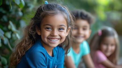 smiling young girls and boys hugging outdoors, happy childhood friendship concept, cheerful kids, joyful group portrait, best friends, close bond, outdoor happiness, carefree children