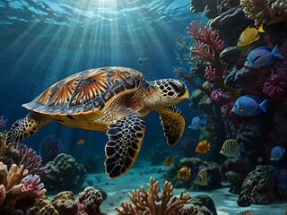 Obraz premium Sea Turtle Swimming in Coral Reef with Sunbeams
