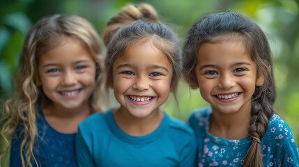 Three smiling young girls hugging outdoors, happy childhood friendship concept, cheerful kids, joyful group portrait, best friends, close bond, outdoor happiness, carefree children