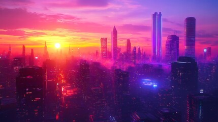 Fototapeta premium A futuristic cityscape with glowing skyscrapers under a vibrant pink and purple sky.