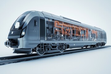 A dynamic 3D of a modern electric train with semi transparent elements, showing a view of its