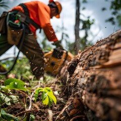 Deforestation Close-up of a felled tree trunk with a blurred logger in the background