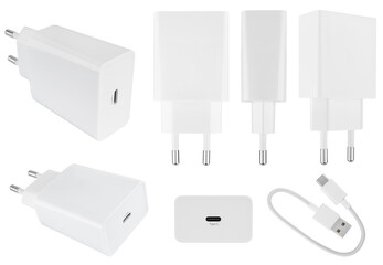 Power adapter for phone or tablet, on white background in insulation