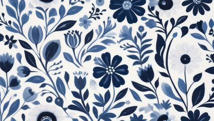 illustration Norwegian Scandinavian folk art painting in blue and white, minimalist style with flowers