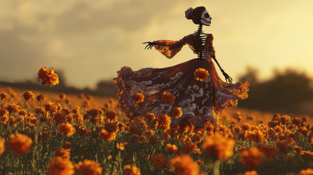Elegant skeleton figure dressed in traditional attire dancing in a vibrant marigold field at sunset during Dia de los Muertos celebration.