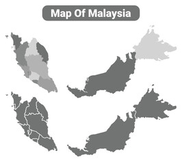 Greyscale Malaysia political map with borders outline style vector illustration set