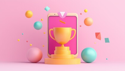 3d Web  Illustrations Of A Cup Trophy On Smartphone Screen, Featuring Promotion Discounts, Customer Points, And Surprising Promotions.