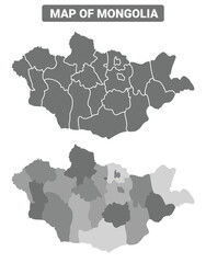 Fototapeta premium Greyscale Mongolia political map with borders outline style vector illustration set