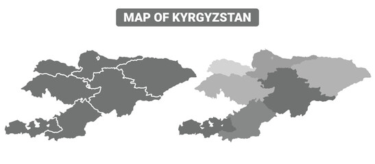 Greyscale Kyrgyzstan political map with borders outline style vector illustration set