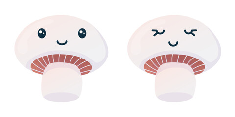 Set of cartoon kawaii champignons. Mushrooms characters with cute faces. Vector illustration isolated on white.