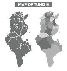 Greyscale Tunisia political map with borders outline style vector illustration set