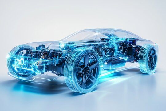 A dynamic 3D of a modern hydrogen car with semi transparent elements, showing a view of its internal