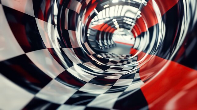 A checkered race track design in red and white with a tunnel effect.