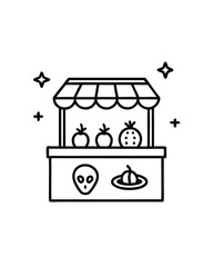 A black and white line art illustration of a space-themed fruit market stall.