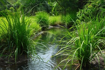 A small patch of green grass is growing in a pond, generative ai image