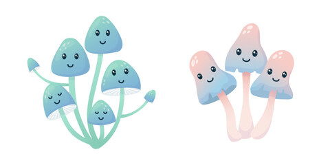 Set of cartoon kawaii mushrooms. Mushrooms characters with cute faces. Vector illustration isolated on white.