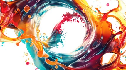 A vibrant, abstract swirl of colorful liquids forming two overlapping circles with a white background.