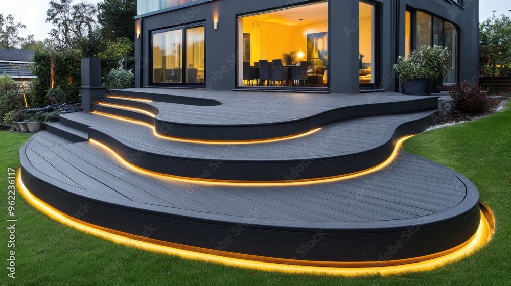 Canvas Prints A house with a deck that has led lighting on it, AI