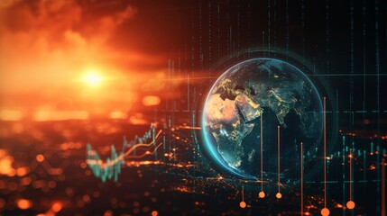 A futuristic depiction of the Earth encircled by dynamic digital graphs and data visualizations, representing global economic trends, technology, and analytics. The bright, modern design emphasizes