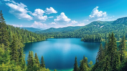 Naklejka premium A panoramic view of a large lake surrounded by pine forests
