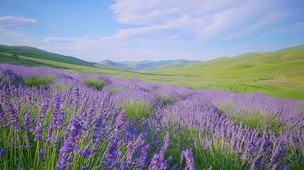 Fototapeta premium A field filled with many purple flowers beneath a blue sky and a distant mountain range