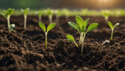 Young green sprouts emerging from soil under soft sunlight, symbolizing growth and new beginnings.