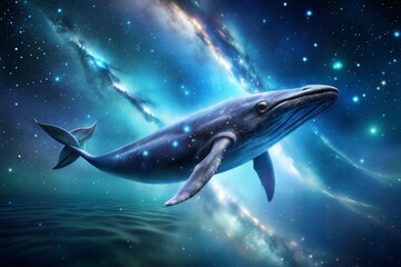 Naklejka premium Majestic cosmos whale swimming in starry night sky under galaxy