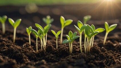 Young green sprouts emerging from soil under soft sunlight, symbolizing growth and new beginnings.
