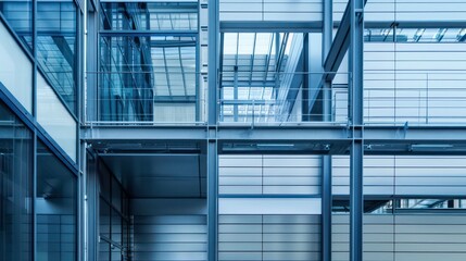 A modern building with a glass and metal exterior, showcasing a geometric pattern of beams and windows.