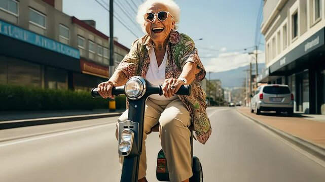 A cheerful grandmother enjoys a joyful ride on her electric scooter, smiling brightly as she travels down a lively street lined with shops and vehicles on a sunny day.