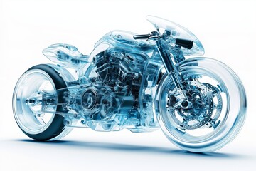 A dynamic 3D of a modern motorcycle with semi transparent elements, showing a view of its internal