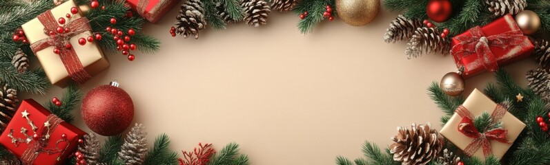 Christmas wreath with presents and pine cones on a beige background