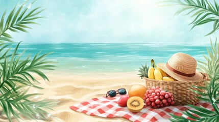 A fun and colorful clipart of a beach picnic setup