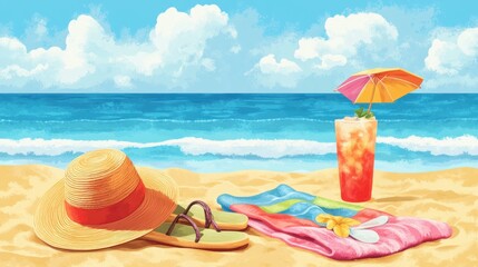 A playful beach clipart featuring a sun hat