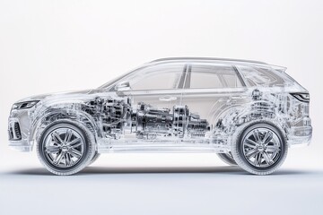 Naklejka premium A dynamic 3D of a modern SUV crossover with semi transparent elements, showing a view of its